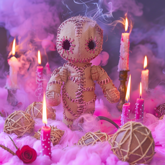 Eine übergroße voodoo Puppe sitzt neben rosa und weissen Kerze, Rosaroter Rauch im Hintergrund, greifbarer Textur, Stickerei, Toycore, Liebeszauber