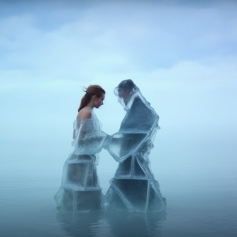 Händchen haltendes Paar im Meer eingefroren in Eis, im Stil des digitalen Surrealismus, neblige Atmosphäre, 