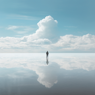 Mann steht mitten im Meer, im Stil ätherischer Wolkenlandschaften, grosse Wolken am Himmel die sich im Wasser spiegeln, realistische Landschaften mit weichen Kanten, helles Himmelblau und Schwarz 