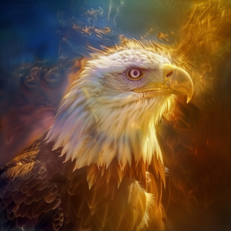 Ein Portrait eines Adlers der nach rechts schaut, umgeben von Lichtreflexen in den Farben Gelb, blau, grün und rot tönen