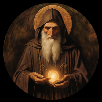 Der heilige Benedikt von Nursia mit heiligen Schein hält ein buch in der hand daraus kommt eine lichtkugel, er steht vor einer runden braunen fläche dahinter ist ein schwarzer hintergrund