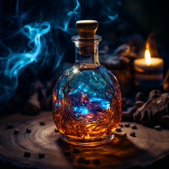 Eine Glasflasche mit einem Farbübergang von blau zu orange, die flasche hat lichtreflexe steht auf einer Holzplatte und ist umgeben von blauem rauch, hinten brennt eine Kerze