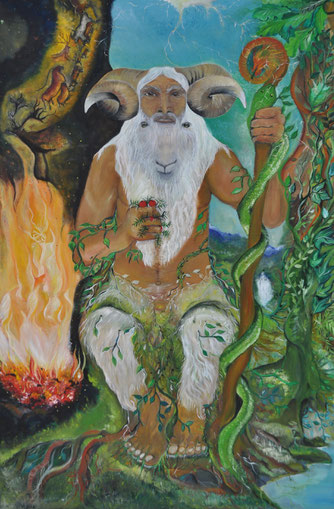 "Ahari", junto al incadescente inframundo en el que se gestan todas las criaturas vivientes. En su mano izquierda sostiene un cayado con cabeza de dragón (Sugaar) y en su mano derecha, frutos de tejo. Pintura de Paz Treuquil.