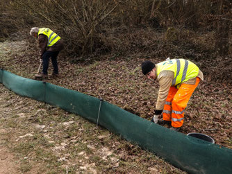 Entlang der Landesstraße bauen ehrenamtliche den Amphibienzaun auf. - Foto: NABU