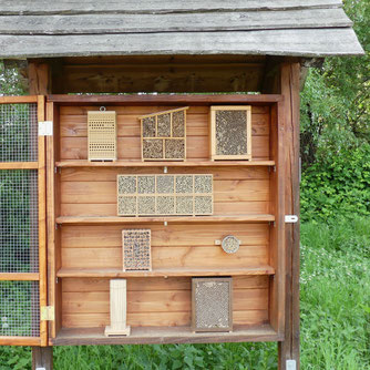 Im Winter 2024 neu gestaltete Wildbienen-Nisthilfe am Bruchsee - mit erster Besiedlung am 13.04.2024, Foto: klahen
