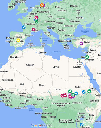 Letzte Standorte nord- und ostdeutscher sowie dänischer Senderstörche. Legende und Quellenangabe: siehe Link zur GoogleMaps-Karte im Text. 