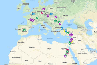 Quelle: www.movebank.org, www.nabu.de/tiere-und-pflanzen/aktionen-und-projekte/stoerche-auf-reisen/index.html; Farblegende: rot: Sudewiesen-Projekt, grün/gelb: Loburg-Projekt, blau: NABU-SH; lila: NABU-HH. Kartengrundlage: Google Maps.