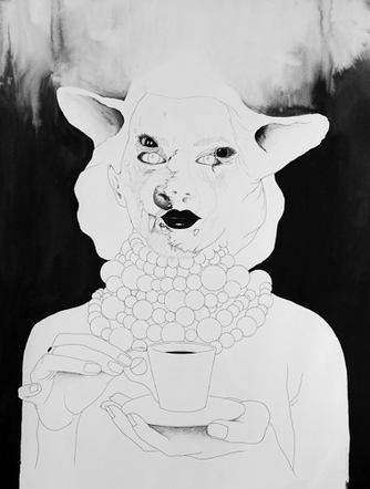 portrait, femme, tasse de café, perles, encre de chine