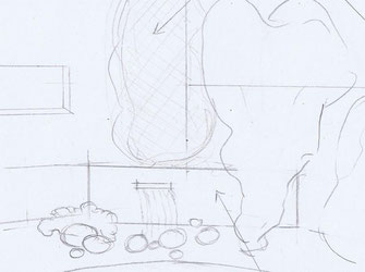 C'est un croquis d'une fontaine lame d'eau design avec massifs à Nantes. C'est fait par un Concepteur Paysagiste PAYSAGES DE GOULAINE et SARL GAUDIN Emeric à Saint julien de Concelles près de Vallet, Vertou, Loroux bottereau, Landreau, Carquefou