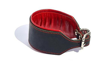 Windhundhalsband Leder schwarz mit rotem Futter und Polsterung 6,5 cm breit Edelstahlschließe Bolleband