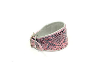 Lederhalsband fuer kleine Windhunde Pythonoptik in pink eingearbeites Polsterung und Futterleder in grau Bolleband Handarbeit