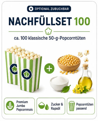 Popcorn Nachfüllset 100 mit Mais, Zucker, Rapsöl und Popcorntüten für Verkaufsstände und Events