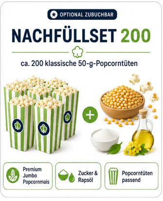 Popcorn Nachfüllset 200 als Zusatzmaterial für große Popcorn-Verkaufsstände und Schulfeste