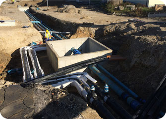Infrastrukturversorgung (Trink- und Löschwasser, Fernwärme, Erdgas), erdverlegt und in Medienkanälen