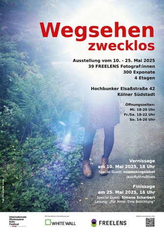 Plakatankündigung zur Ausstellung "wegsehen zwecklos" vom 10.05.–25.05.2025 in der Elsaßstr. 42 in der Kölner Südstadt.