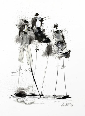 Abstrakte Zeichnung einer Menschengruppe auf Papier von Claudia König, energetische Linienführung in Tusche, Original-Kunstwerk online kaufen