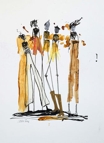 Grafische Tuschezeichnung einer Menschengruppe, Notat mit Klebeband, Unikat-Papiercollage von Claudia König online kaufen