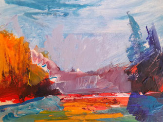 Landschaftsbild. in gelb, rot und blauen Farben.