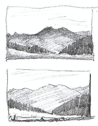 2 landschaftsskizzen, berge, heller/dunkler berg