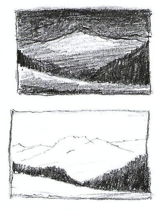 berg studien, bleistiftzeichnung, dunkler himmel, heller himmel