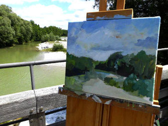 pleinairmalerei, landschaftsölbild auf der staffelei, hintergrund flusslandschaft im sommer