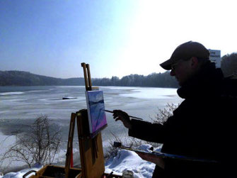 pleinairmalerei, selbstportrait an der staffelei im winter