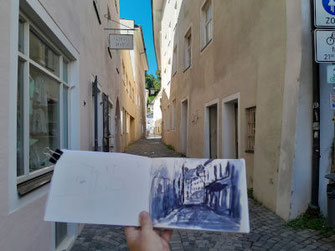 Gasse in Bad Tölz, Skizze im skizzenbuch