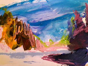 Papierbild, landschaftsmalerei in blau, braun, rotviolett. abstrakte landschaft