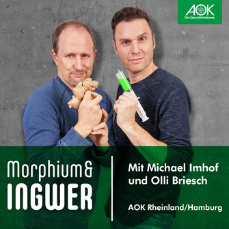 AOK Grafik mit Micheal Imhof und Olli Briesch mit Morphium-Spritze und Ingwer in der Hand