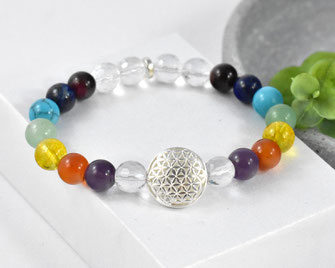 Chakra Edelstein Armband mit Bergkristall Perlen 8 mm, Blume des Lebens 925 Silber  29,90 €