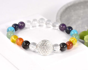 Chakra Edelstein Armband mit Bergkristall Perlen 8 mm, Blume des Lebens 925 Silber  29,90 €