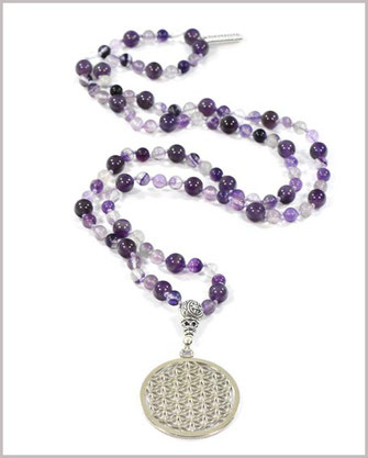 Mala Kette mit Amethyst & Fluorit Edelsteinen, Blume des Lebens