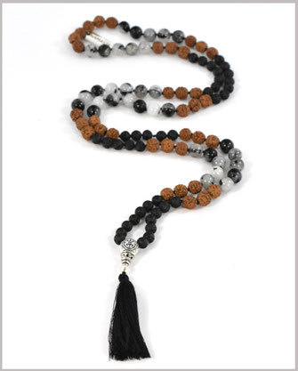 Mala Kette mit Rutilquarz, Lava Edelsteinen und  Rudraksha Perlen 8 mm  - Udit -  89,- €