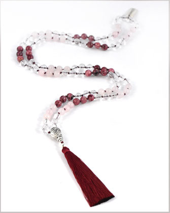 Mala Edelstein Kette mit Rosenquarz, Rhodonit, Bergkristall und  Rudraksha Perlen  - Daiva - 89,- €