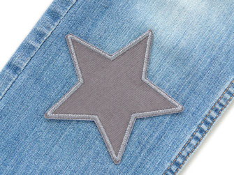 Bild: grauer Stern Flicken zum aufbügeln aus grauem Baumwollcord, Hosenflicken Bügelflicken nachhaltig reparieren