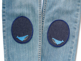 2 ovale Jeansflicken mit Wal-Motiv - Bügelflicken für Kinder