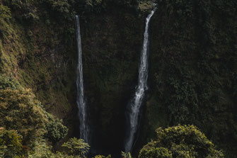 Die beiden hohen Wasserfälle stürzen hinab in ein Becken am Bolaven-Plateau.