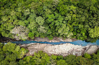 Threat shot of Los Cagilones de Gualaca with surrounding jungle.