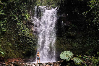 Man standing in front of big waterfall surrounded by green jungle.