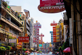 The colorful, sign-strewn Chinatown in Bangkok.