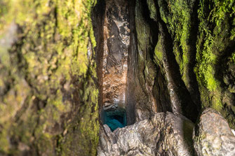 Das Wasser der Soča Quelle schimmert türkis aus der dunkeln, moosigen Höhle.