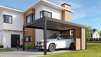 Edles Carport mit schönen Shuttern aus Holz, für den optimalen Schutz deines Autos.