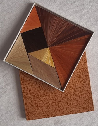 n°7 : Tangram 7 pièces multicolor , coffret ocre . Dim 16,5 x 16,5 cm .Prix 49€ . DISPONIBLE