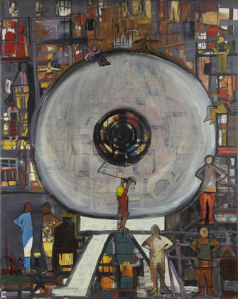Monika Krömer - Fabrik 2, 80 x 100 cm, Acryl auf Leinwand (Figuren, Malerei, Glücksrad)