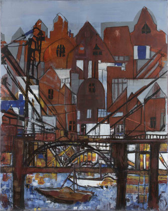 Monika Krömer - Rote Stadt mit Brücke, 80 x 100 cm, Acryl auf Leinwand