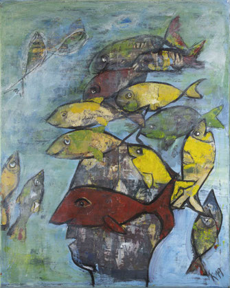 Monika Krömer - Norddeutscher Fischkopp, 80 x 100 cm, Acryl auf Leinwand (Fische, Norden, Malerei)
