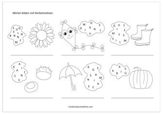 Arbeitsblatt, Wörterbilden mit Hebstmotiven, Sonnenblume, Windvogel, Gummistiefel