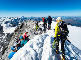 Seilschaft auf dem Gletscher am Ortler in Südtirol mit Blick auf den verschneiten Gipfel