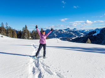 Schneeschuhwanderin im Allgäu beim Aufstieg zum Wertacher Hörnle im winterlichen Wonderland der Alpen