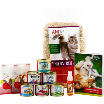 Katzenfutter - Kennenlern-Paket mit verschiedenen 200g Katzengerichten für die gesunde Ernährung von Katzen plus Katzenstreu zum ausprobieren. Getreidefreies Katzenfutter mit Huhn und anderen leckeren Fleisch- und Fischsorten.